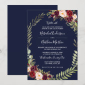 Bloemenkrans Waterverf Bourgondië Navy Wedding Kaart (Voorkant / Achterkant)