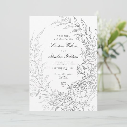 Bloemenkrans wit zwart zilver bruiloft kaart (Staand voorkant)