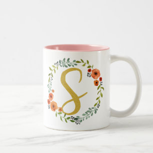 Bloemenkroon van botanische bloemen met gouden mon tweekleurige koffiemok
