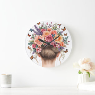 Bloemenkroon Vrouw met Rozen en Vlinders Water Grote Klok