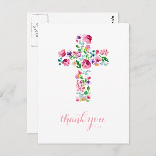 Bloemenkruis bedankbriefje, doop dank u briefkaart (Voorkant / Achterkant)