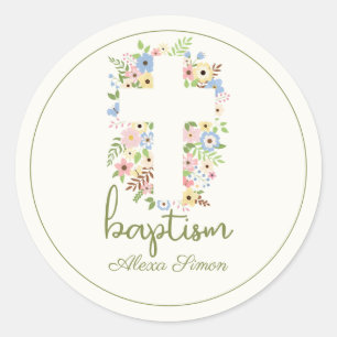 Bloemenkruis doop – zachte pastel ronde sticker