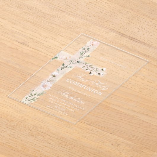 Bloemenkruis Eerste Communie Acryl Uitnodigingen (Laagn)