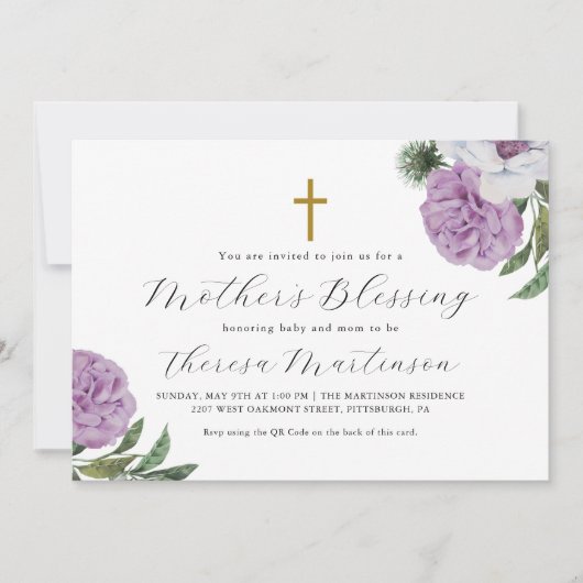Bloemenkruis Moederzegening QR Code Rsvp Kaart (Voorkant)