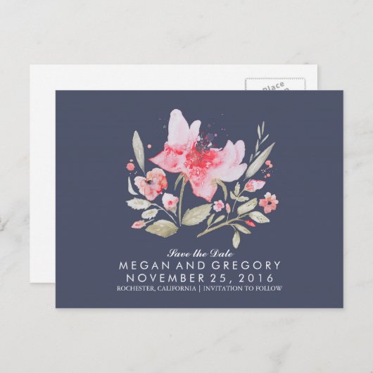 Bloemenmarine en roze waterverf sparen de datum aankondigingskaart (Voorkant / Achterkant)