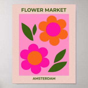 Bloemenmarkt Amsterdam Roze en Sinaasappel Bloemen Poster