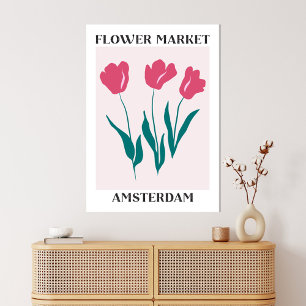 Bloemenmarkt Amsterdam Roze Tulpen Bloemstuk Canvas Afdruk
