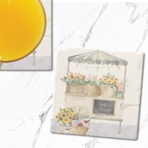 Bloemenmarkt Grafiek Aquarel Cottagecore Kunst Stenen Onderzetter