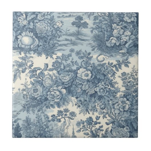  bloemenmeer Blauw toile de jouy monogram Tegeltje (Voorkant)