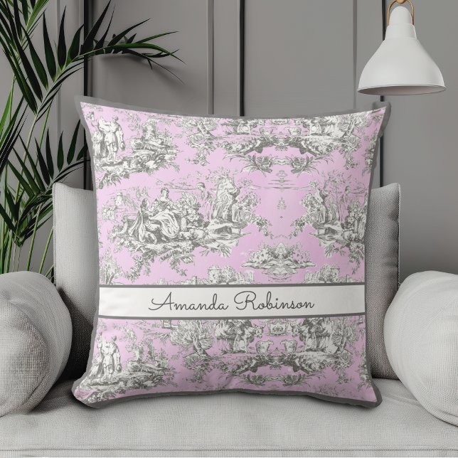  bloemenmeertje roze toile de jouy monogram kussen (Creator heeft geüpload)
