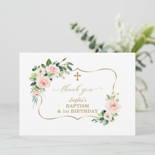 Bloemenmeisje Bloesemt Roze Goud 1e Verjaardag Doo Bedankkaart (Staand voorkant)