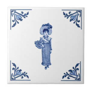 Bloemenmeisje Delft Hoek Blauw en Wit Tegeltje