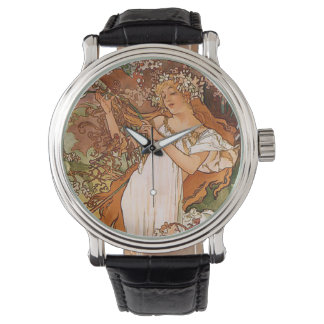 Bloemenmeisje door Alphonse Mucha Horloge