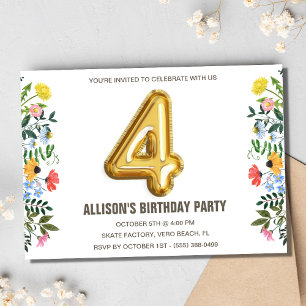 Bloemenmeisje kind 4e ballon verjaardagsfeestje kaart