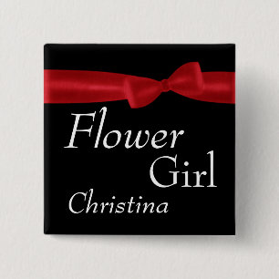 Bloemenmeisje Red Bow Wedding Aangepaste naam Vierkante Button 5,1 Cm