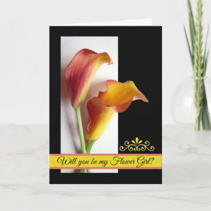 Bloemenmeisje vraagt om mango gekleurde Calla leli