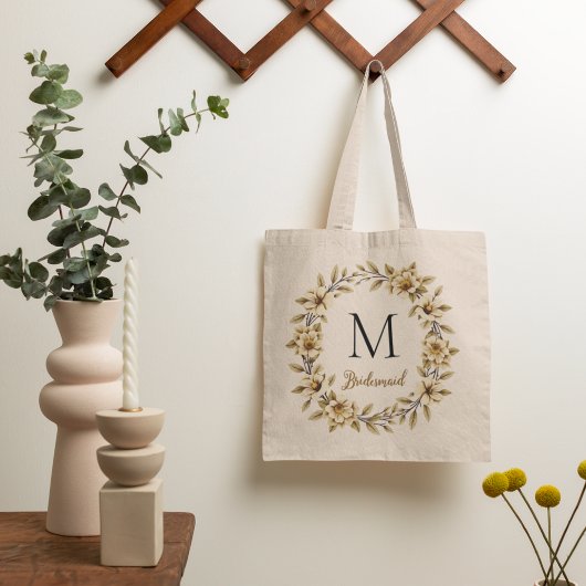 bloemenmonogram bruidsmeisje tote bag