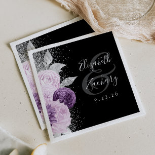 Bloemenpaars Zilver Glitter Schrift Zwart Bruiloft Servet