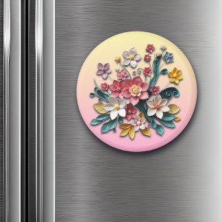 bloemenpapierquilling | Roze en gele bloemen Magneet