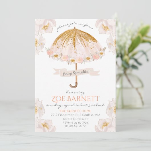 Bloemenparaplu Glitter Baby Sprinkle Invitation Kaart (Staand voorkant)