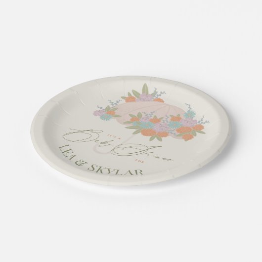 Bloemenparaplu neutraal unisex Baby shower Papieren Bordje (Gekanteld)