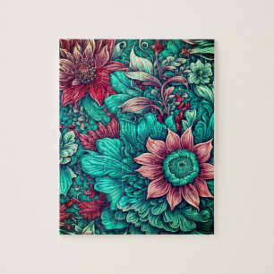 Bloemenpatroon, Aqua, Blauwgroen, Turquoise en Gri Legpuzzel