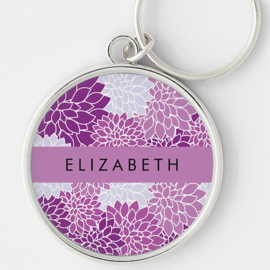 Bloemenpatroon, Paarse dahlia, Jouw naam Sleutelhanger (Voorkant)