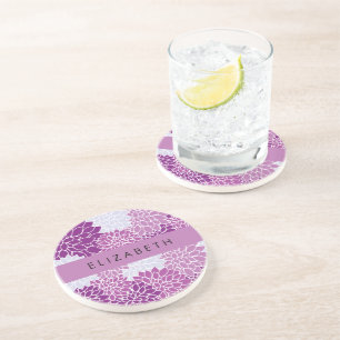Bloemenpatroon, Paarse dahlia, Jouw naam Zandsteen Onderzetter