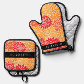 Bloemenpatroon, Sinaasappel Dahlia, Jouw naam Ovenwant & Pannenlap Set (Voorkant / Achterkant)