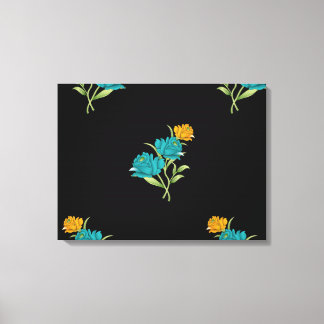 Bloemenpatroon Turkoois Koraal Groen op Zwart Canvas Afdruk
