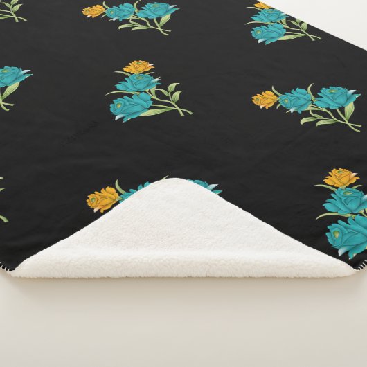 Bloemenpatroon Turkoois Koraal Groen op Zwart Sherpa Deken (3/4)