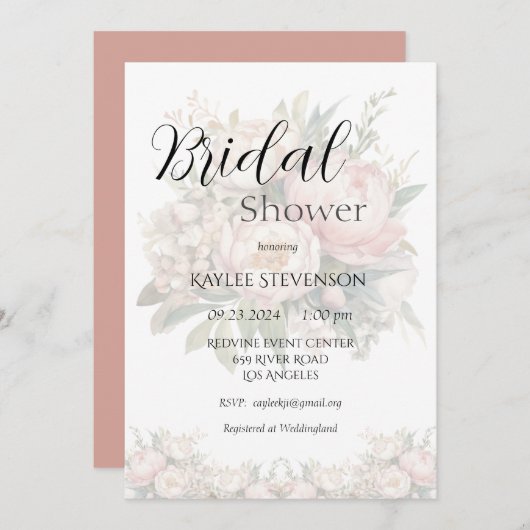 Bloemenpioenen roze bruids douche uitnodiging (Voorkant / Achterkant)