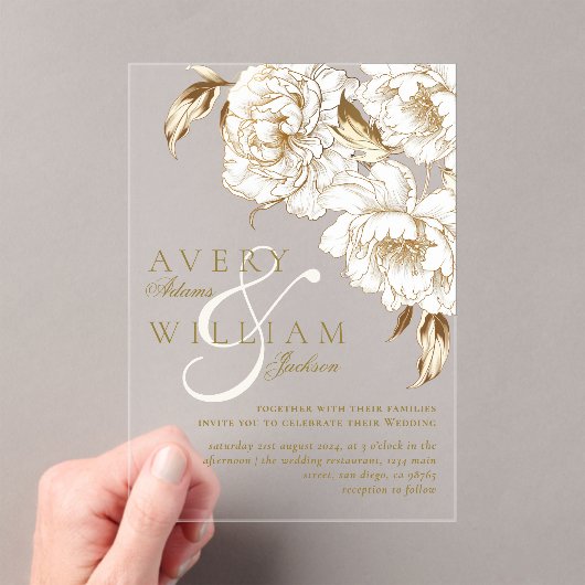 Bloemenpioenen wit gouden elegante bruiloft acryl uitnodigingen (Insitu (Draagbaar))