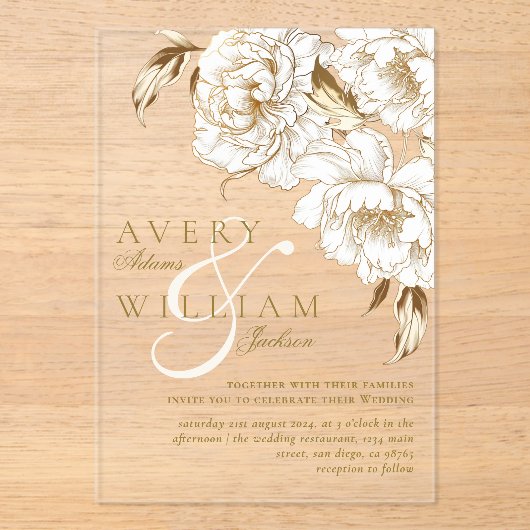 Bloemenpioenen wit gouden elegante bruiloft acryl uitnodigingen (Voorkant)