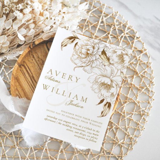 Bloemenpioenen wit gouden elegante bruiloft kaart