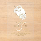 Bloemenpioenen wit gouden monogram bruiloft acryl uitnodigingen (Voorkant)