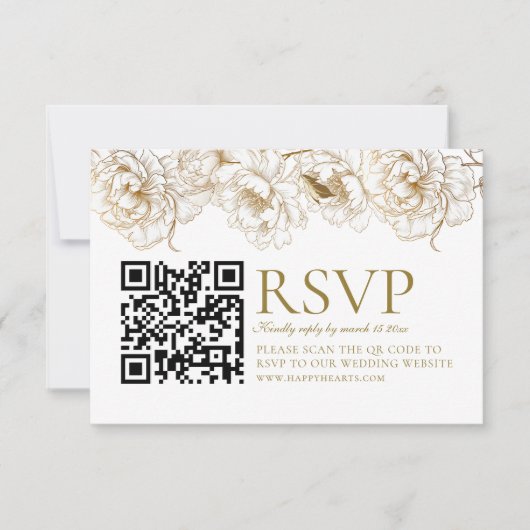 Bloemenpioenen wit gouden QR code bruiloft RSVP Kaartje