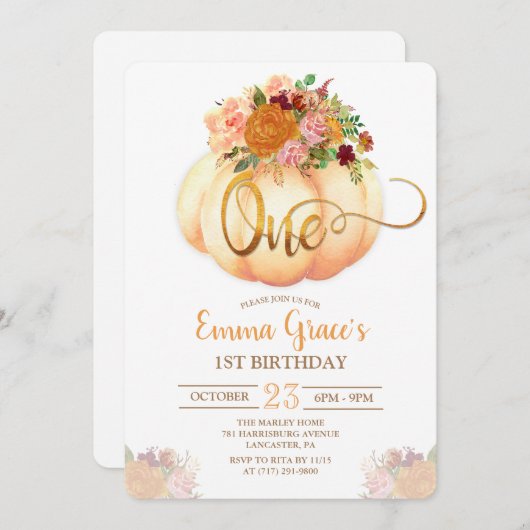 Bloemenpompoen Eerste Verjaardag Uitnodiging (Voorkant / Achterkant)