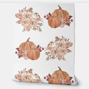 Bloemenpompoen Herfst Bruin Sinaasappel Waterverf Behang