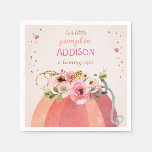 Bloemenpompoen Herfst Meisje Roze Gouden Verjaarda Servet (Voorkant)