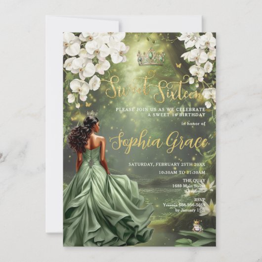 Bloemenprinses en kikker Sage Green Dress Sweet 16 Kaart (Voorkant)