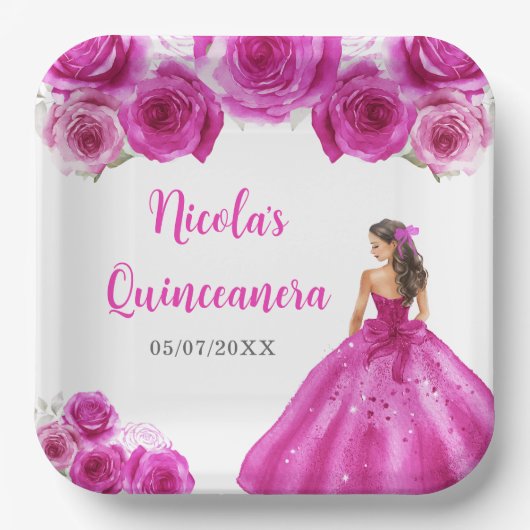 Bloemenprinses in hete roze jurk Quinceanera Papieren Bordje (Voorkant)