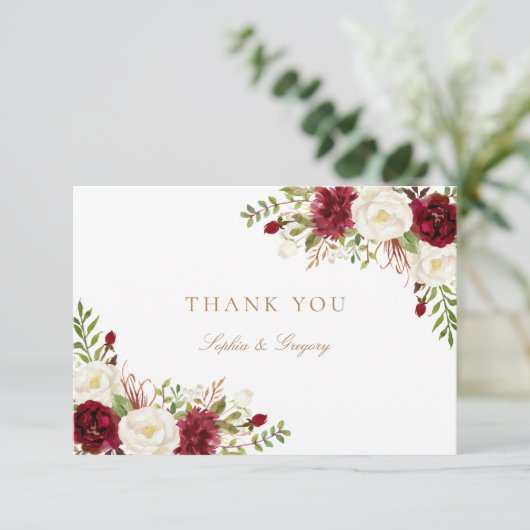 Bloemenrood Bourgondië wit goud bedankje Bedankkaart (Staand voorkant)