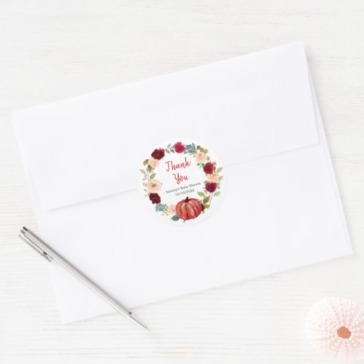 Bloemenrood pompoen Baby shower Dank u Ronde Sticker (Envelop)