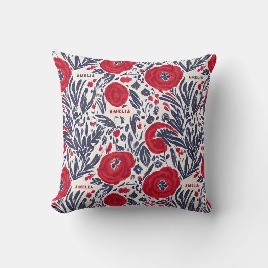 Bloemenrood wit & blauw botanisch patroon kussen (Voorkant)