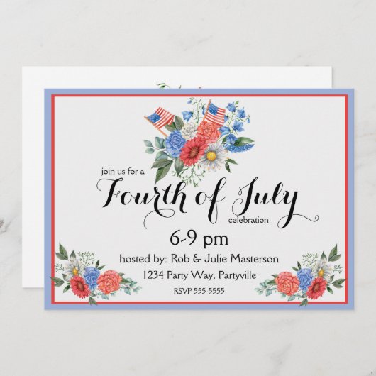 Bloemenrood Wit en Blauw Juli 4th Uitnodiging (Voorkant / Achterkant)