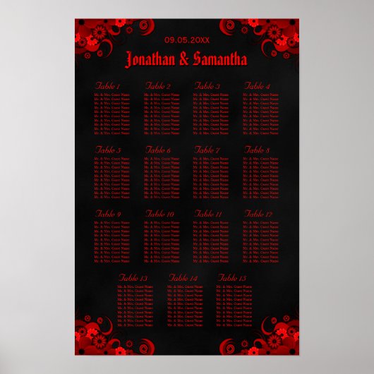 Bloemenrood & zwart 15 Trouwtafels Zitgrafiek Poster (Voorkant)