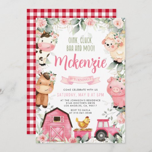Bloemenroze Boerderij Verjaardagsfeestuitnodiging Kaart (Voorkant / Achterkant)