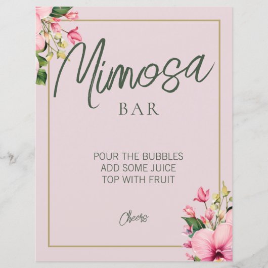 Bloemenroze en groene Mimosa Bar teken (Voorkant)