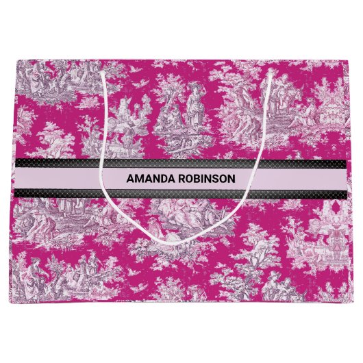 bloemenroze magenta toile de jouy monogram groot cadeauzakje (Voorkant)